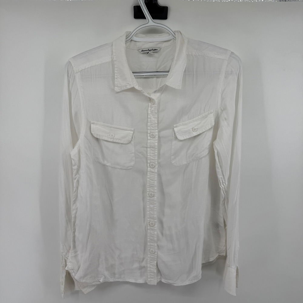 American Eagle Outfitters White Rayon Long Sleeve Button‎ Down Shirt Womens Med